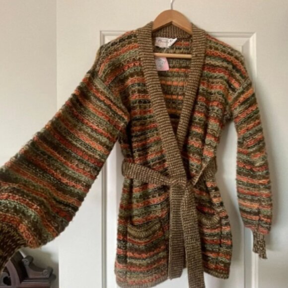 70s Striped Earth-Tone Knit Cardigan with Matching Waist Belt - Picture 3 of 5